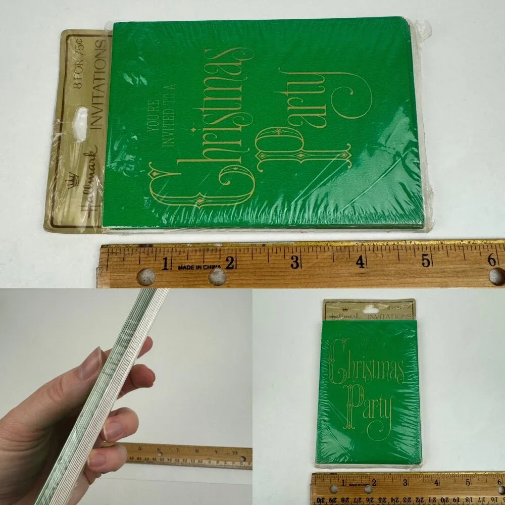 Vtg Retro Hallmark Christmas Party Invitation Green Gold Metallic Elegant‎ Font